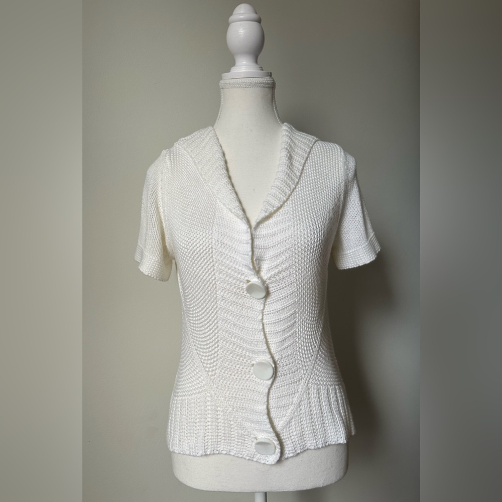 MARBLE White Knit‎ Y2K Cottage Summer Collared Short Sleeve Sweater Size XS